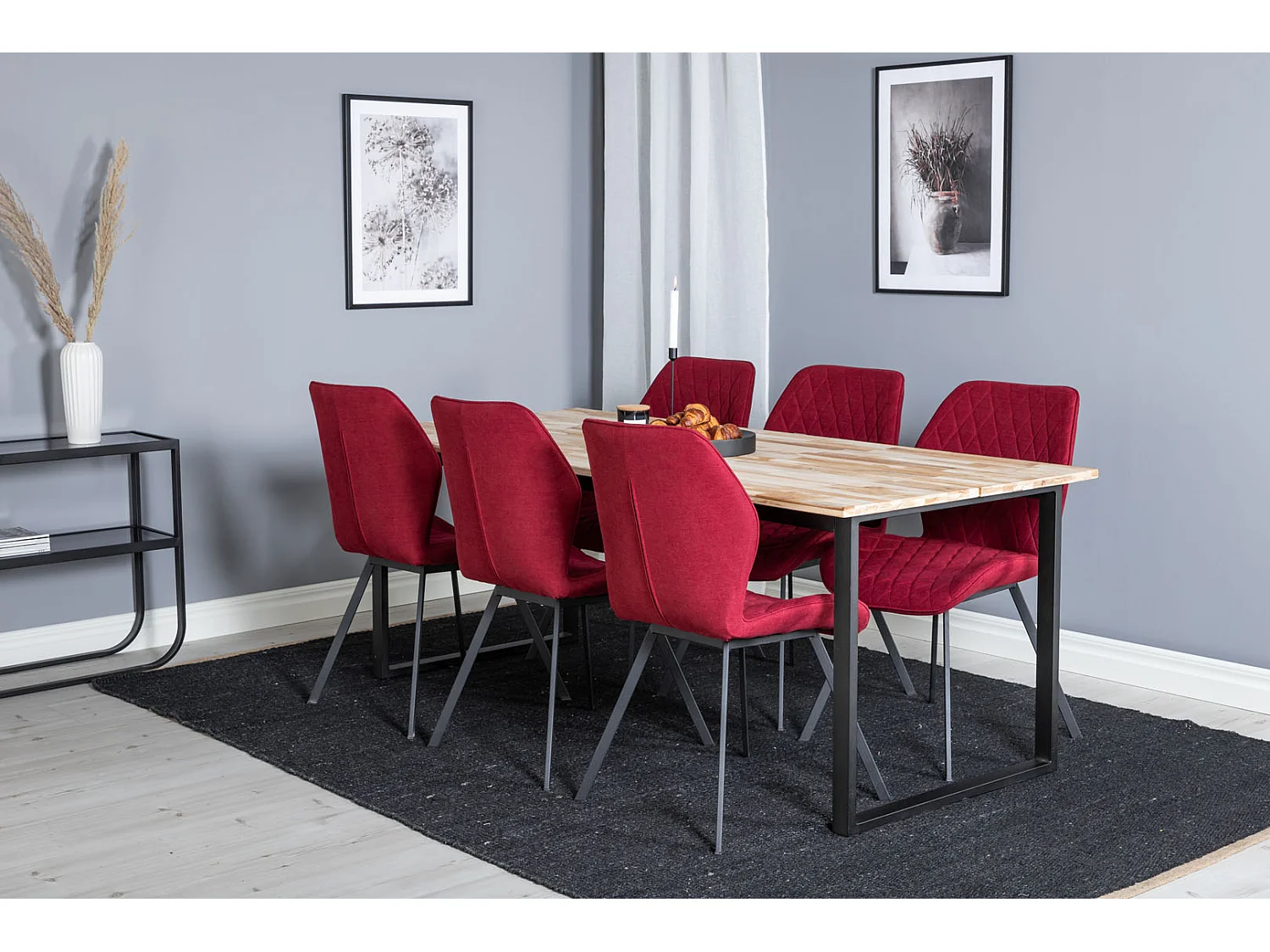 CirebonBL ensemble table, table teck et 6 Gemma chaises rouge.