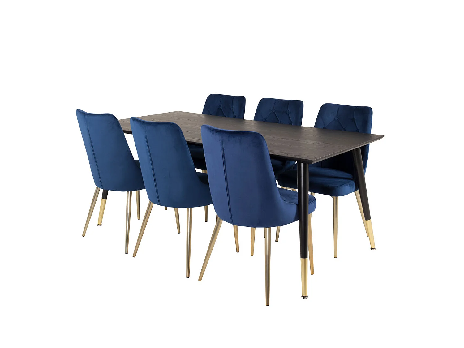 Dipp180x90BLBR eethoek eetkamertafel zwart en 6 Velvet Deluxe eetkamerstal velours blauw, messing decor.