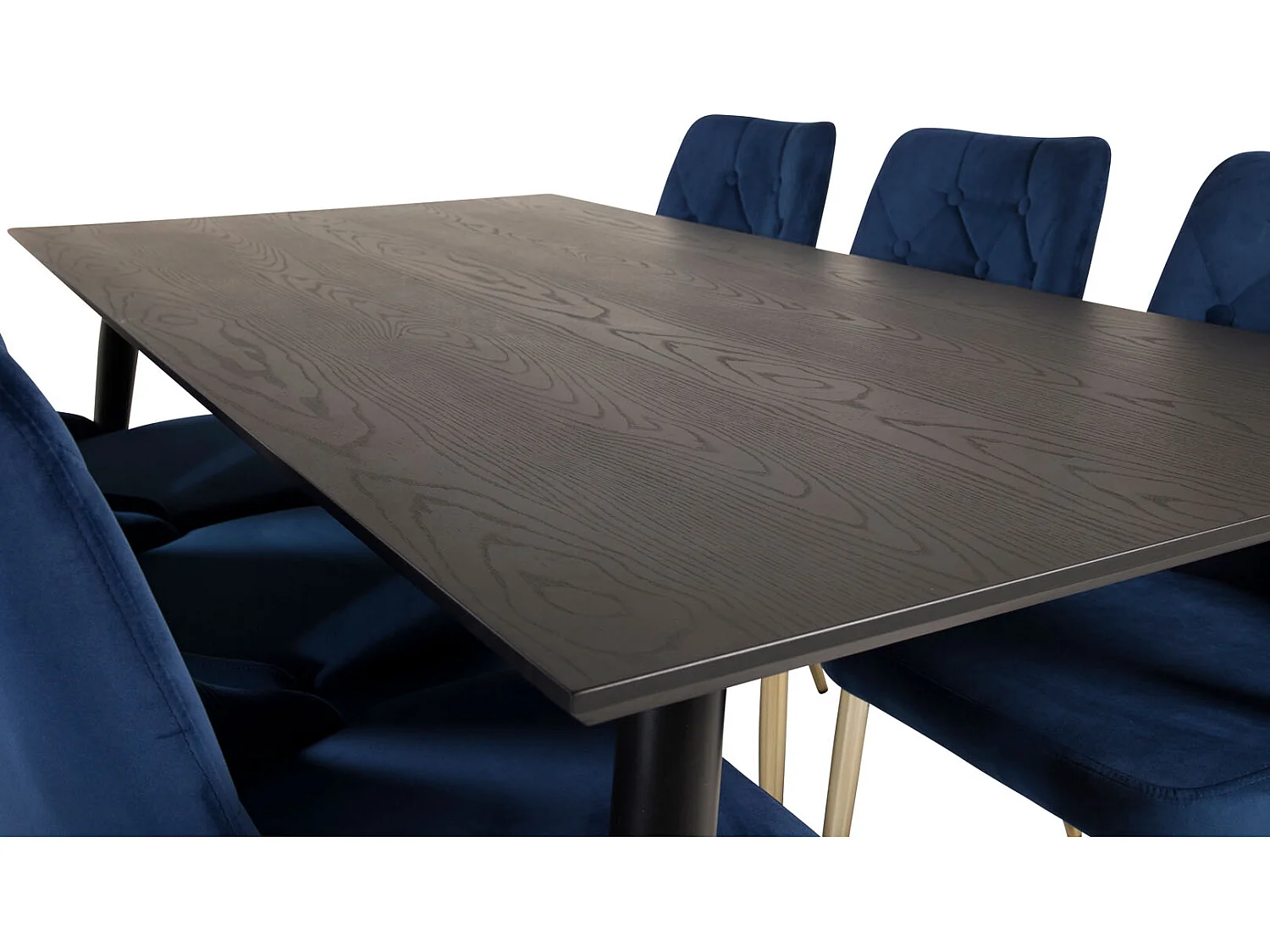 Dipp180x90BLBR eethoek eetkamertafel zwart en 6 Velvet Deluxe eetkamerstal velours blauw, messing decor.