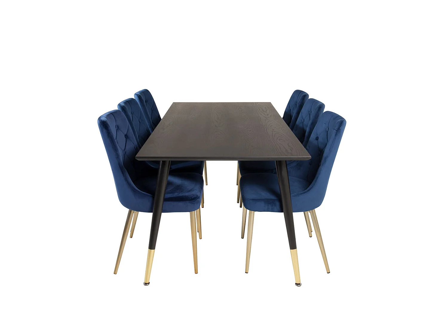 Dipp180x90BLBR ensemble table, table noir et 6 Velvet Deluxe chaises Velours bleu, laiton décor.