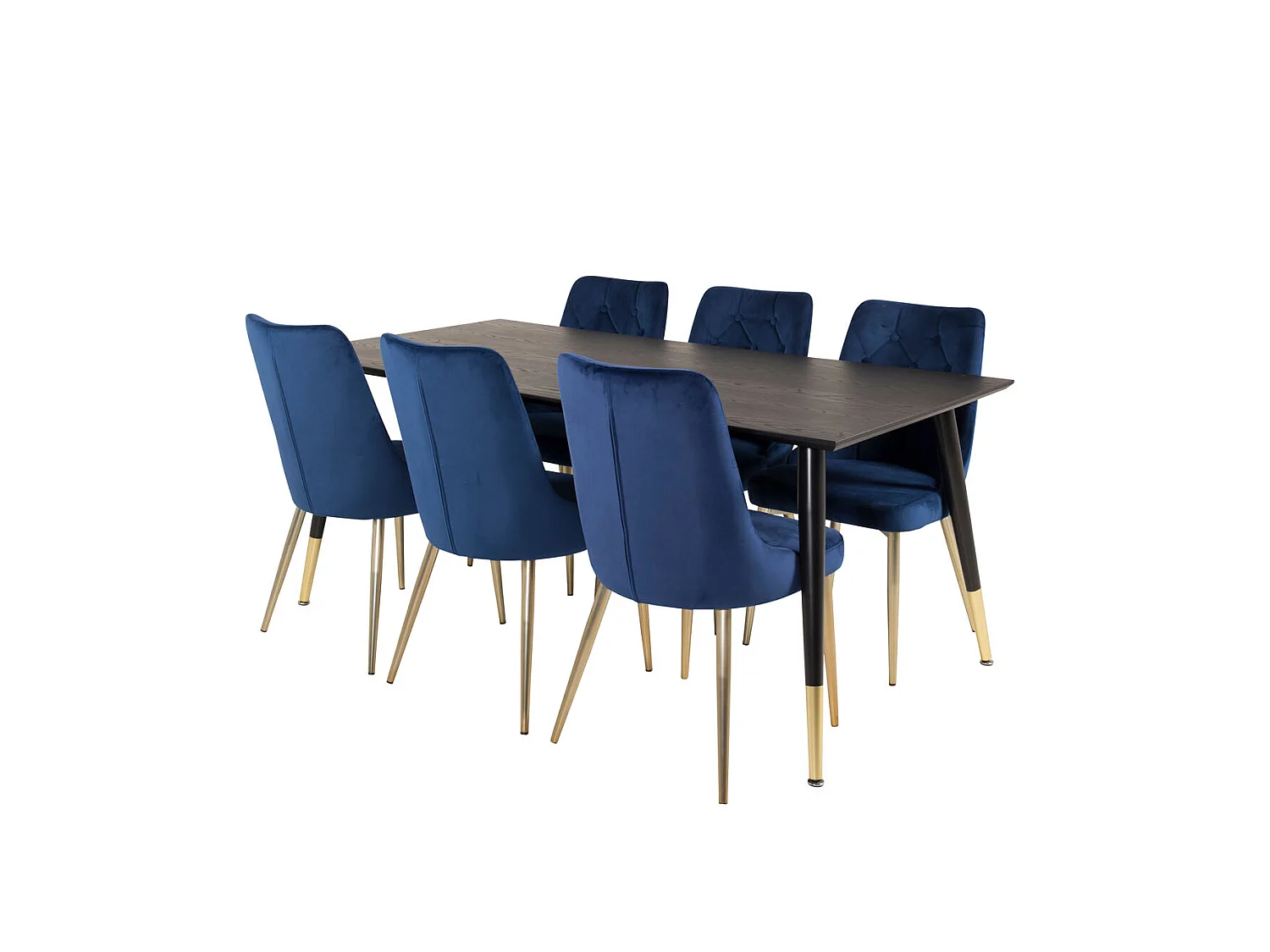 Dipp180x90BLBR ensemble table, table noir et 6 Velvet Deluxe chaises Velours bleu, laiton décor.