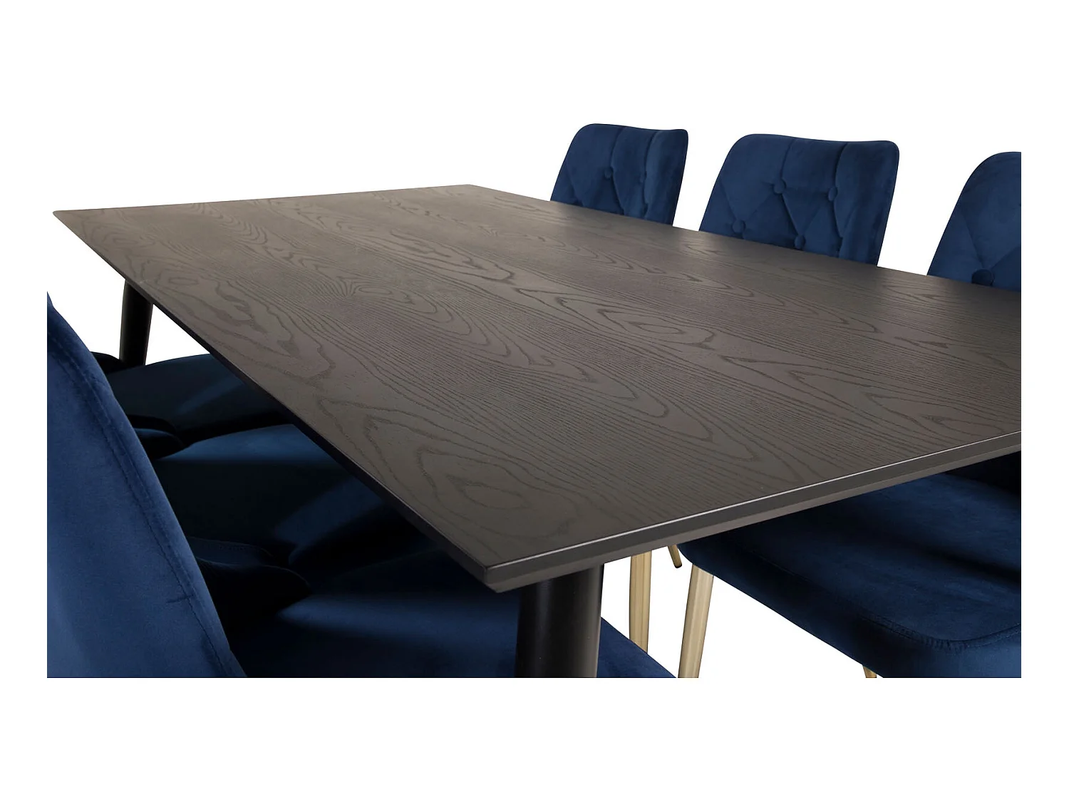 Dipp180x90BLBR ensemble table, table noir et 6 Velvet Deluxe chaises Velours bleu, laiton décor.