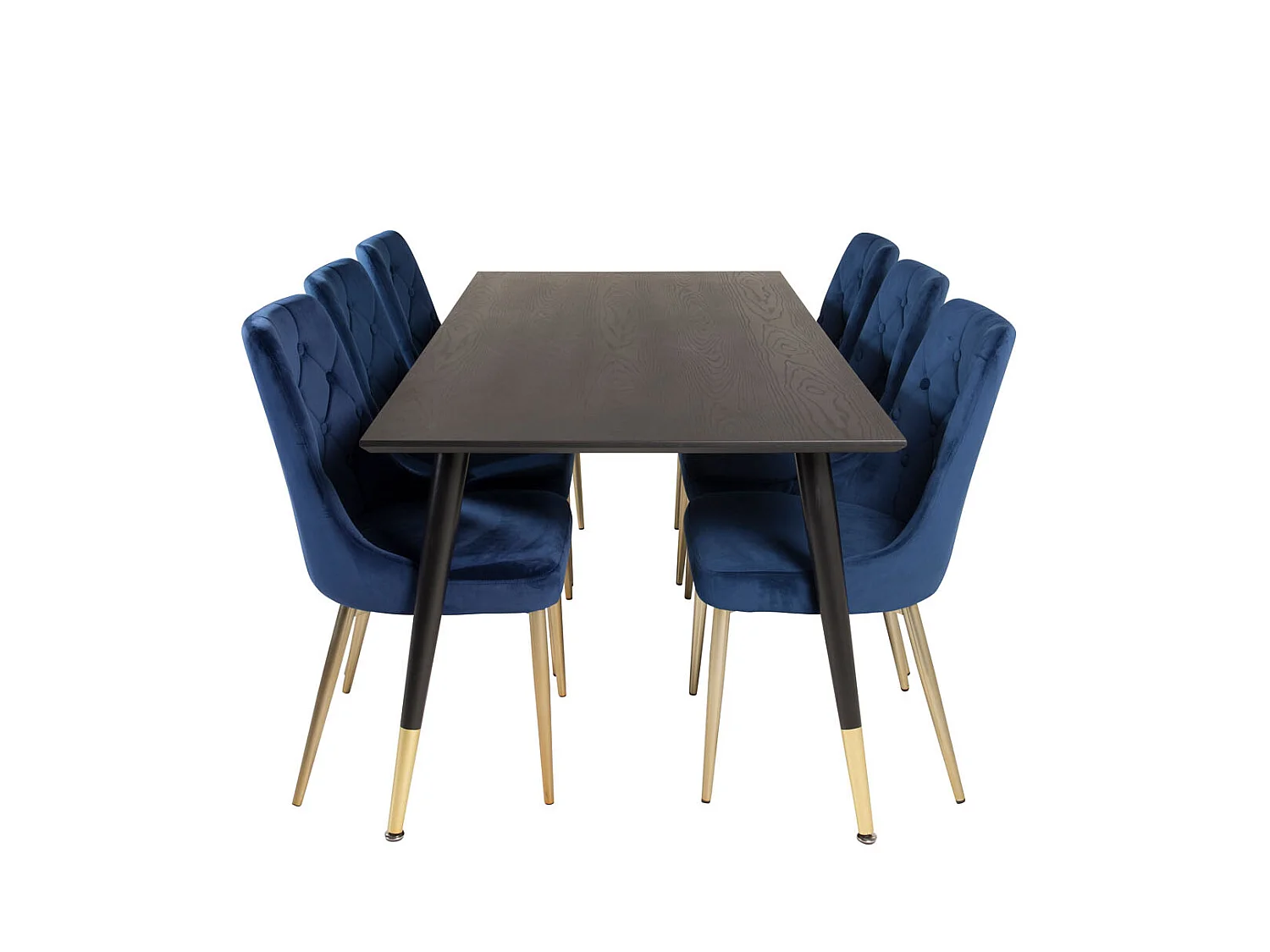 Dipp180x90BLBR ensemble table, table noir et 6 Velvet Deluxe chaises Velours bleu, laiton décor.