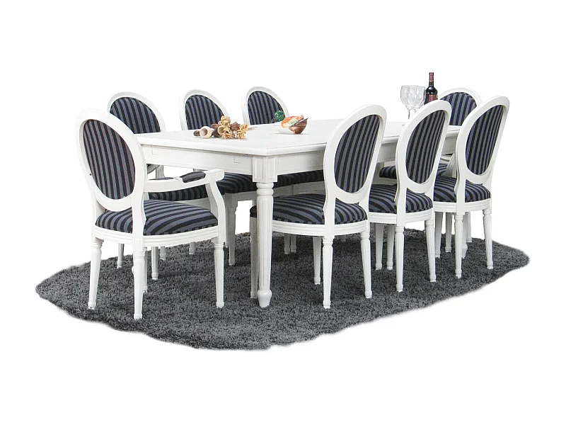 Amaretta Ensemble de salle à manger 100x180/280, 2 extensions inclues, vieux blanc avec 2+6 chaises rococo vieux blanc/noir.