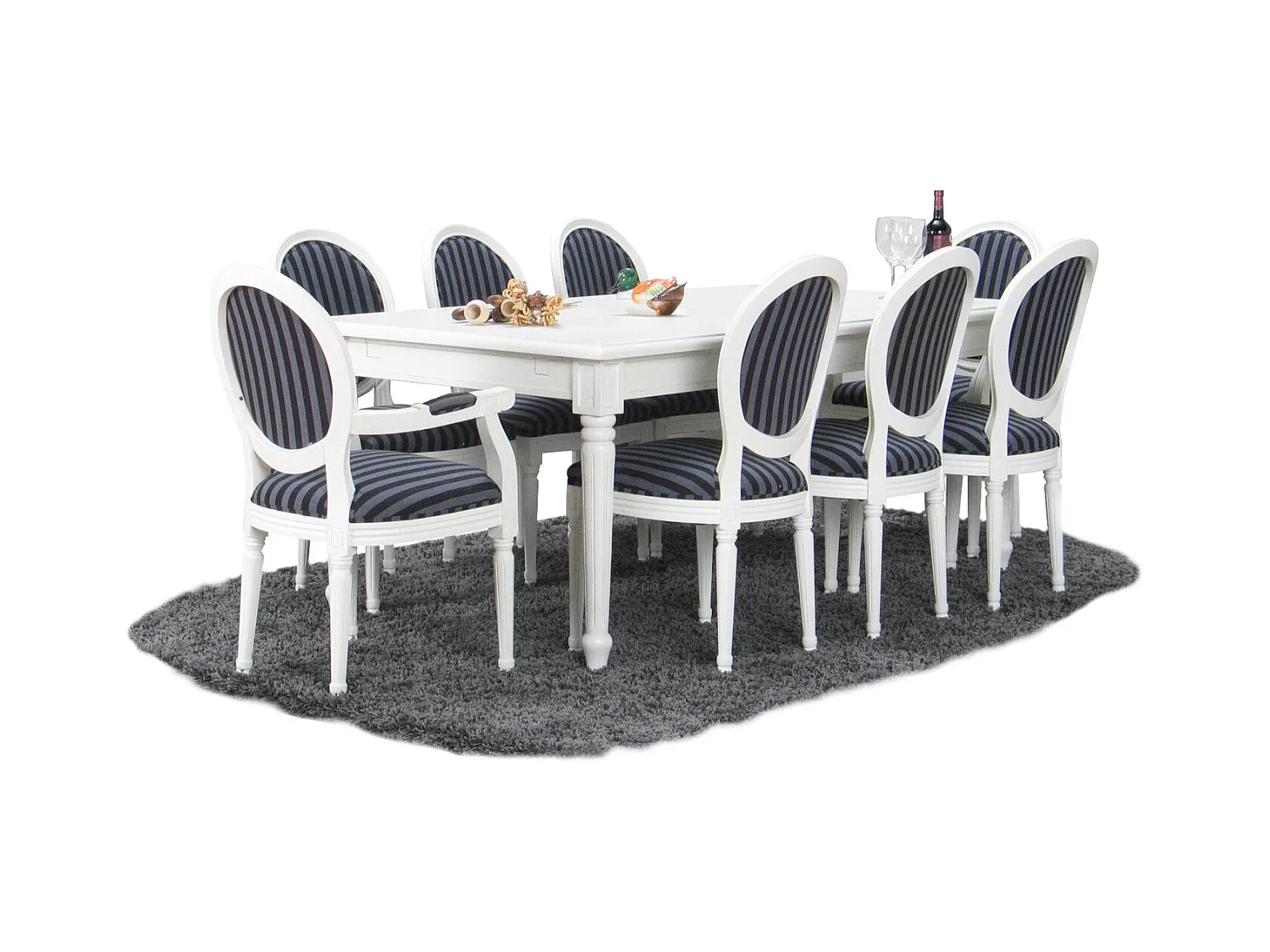 Amaretta Ensemble de salle à manger 100x180/280, 2 extensions inclues, vieux blanc avec 2+6 chaises rococo vieux blanc/noir.