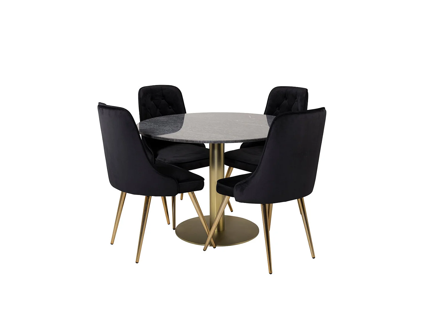 EstelleØ106BLBR ensemble table, table noir, marbre et 4 Velvet Deluxe chaises Velours noir, laiton décor.
