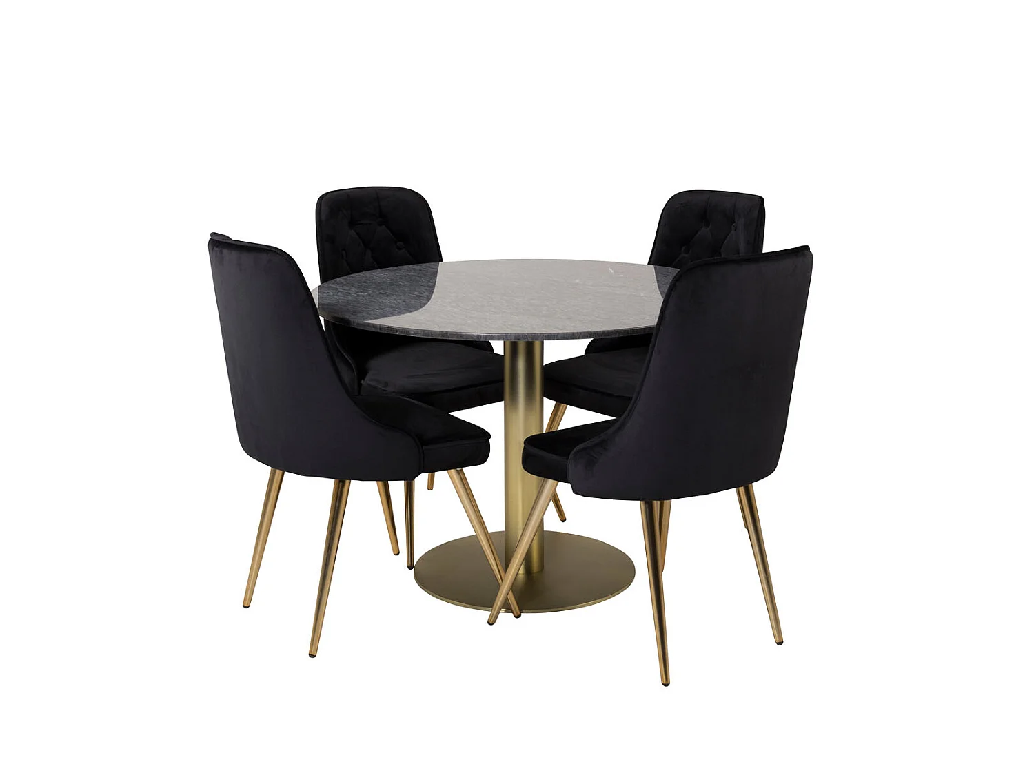 EstelleØ106BLBR ensemble table, table noir, marbre et 4 Velvet Deluxe chaises Velours noir, laiton décor.