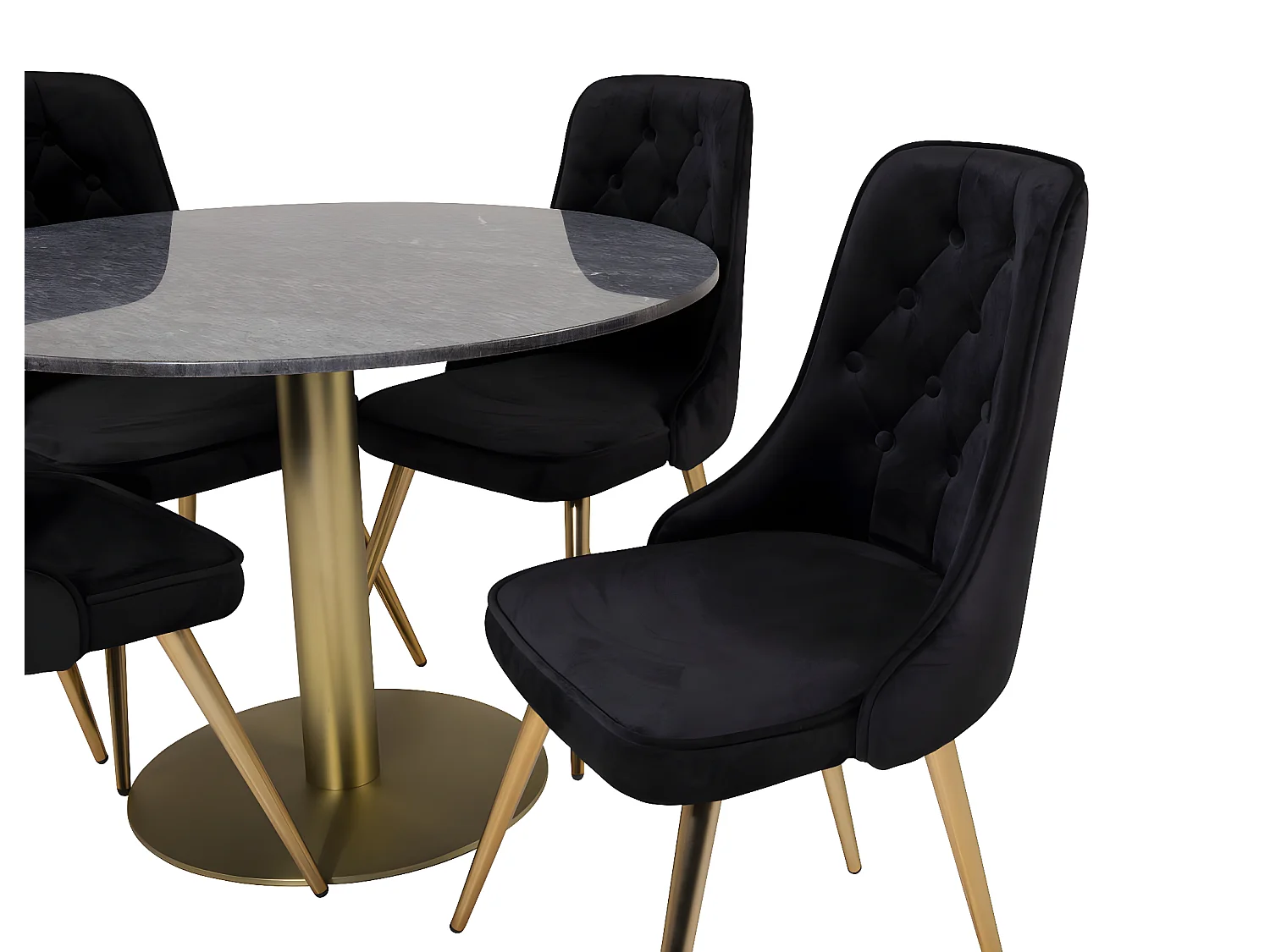 EstelleØ106BLBR ensemble table, table noir, marbre et 4 Velvet Deluxe chaises Velours noir, laiton décor.