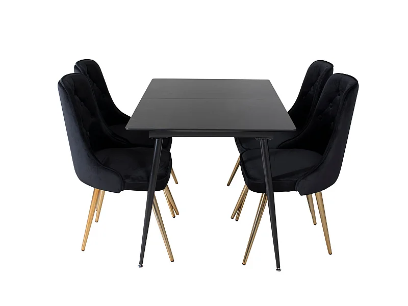SilarBLExt ensemble table, table extensible longueur cm120 / 160 noir et 4 Velvet Deluxe chaises Velours noir, laiton décor.