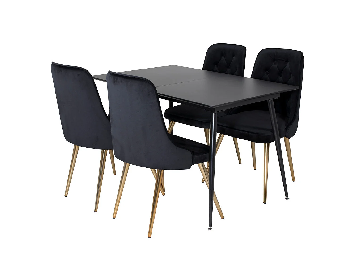 SilarBLExt ensemble table, table extensible longueur cm120 / 160 noir et 4 Velvet Deluxe chaises Velours noir, laiton décor.