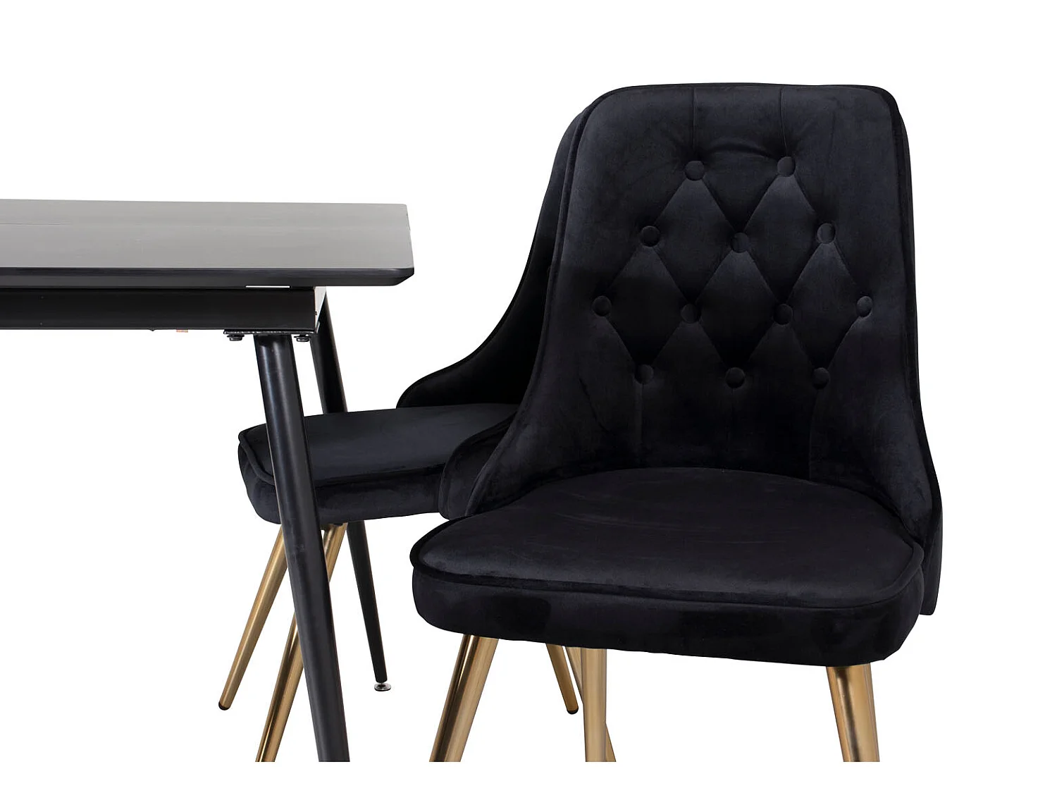SilarBLExt ensemble table, table extensible longueur cm120 / 160 noir et 4 Velvet Deluxe chaises Velours noir, laiton décor.