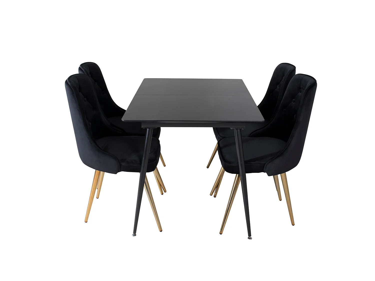 SilarBLExt ensemble table, table extensible longueur cm120 / 160 noir et 4 Velvet Deluxe chaises Velours noir, laiton décor.