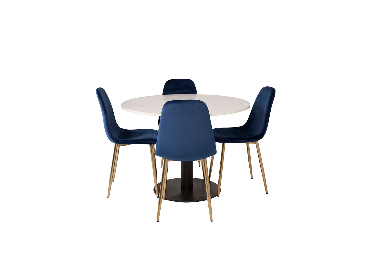 RazziaWH eethoek eetkamertafel terazzo wit en 4 Polar eetkamerstal velours blauw, messing decor.