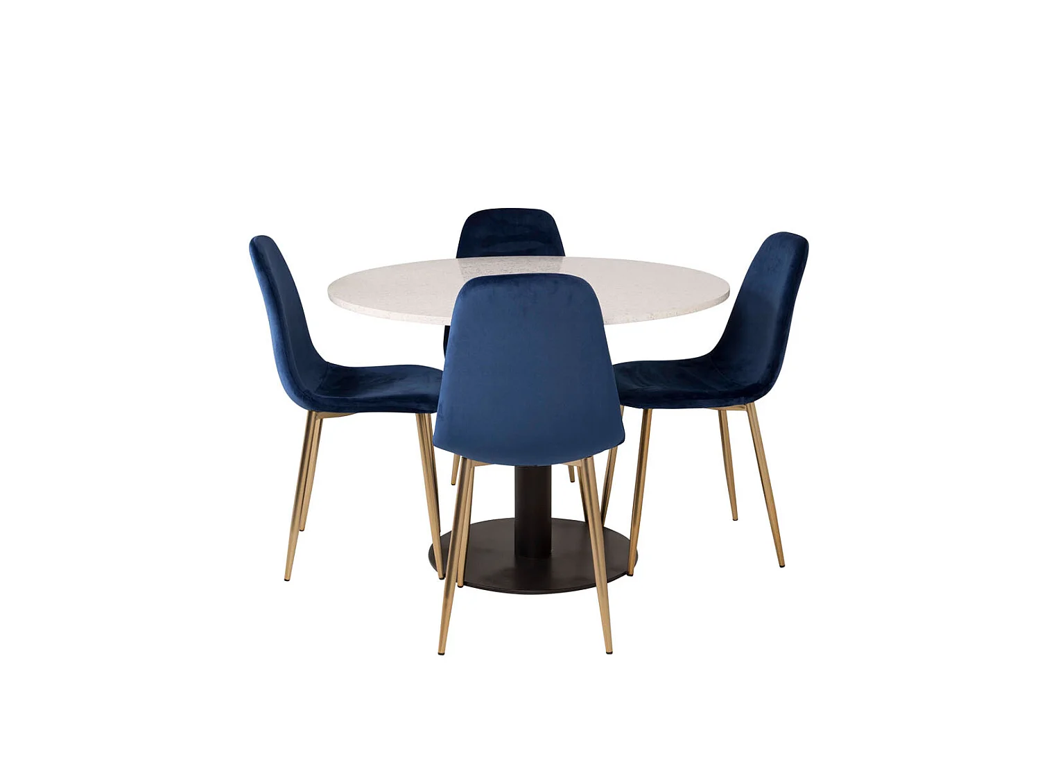 RazziaWH eethoek eetkamertafel terazzo wit en 4 Polar eetkamerstal velours blauw, messing decor.