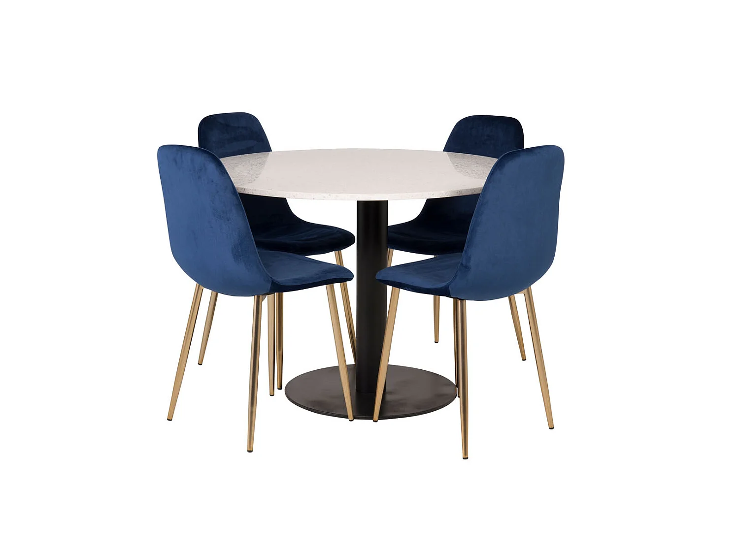 RazziaWH eethoek eetkamertafel terazzo wit en 4 Polar eetkamerstal velours blauw, messing decor.