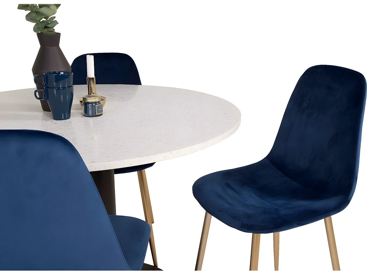 RazziaWH eethoek eetkamertafel terazzo wit en 4 Polar eetkamerstal velours blauw, messing decor.