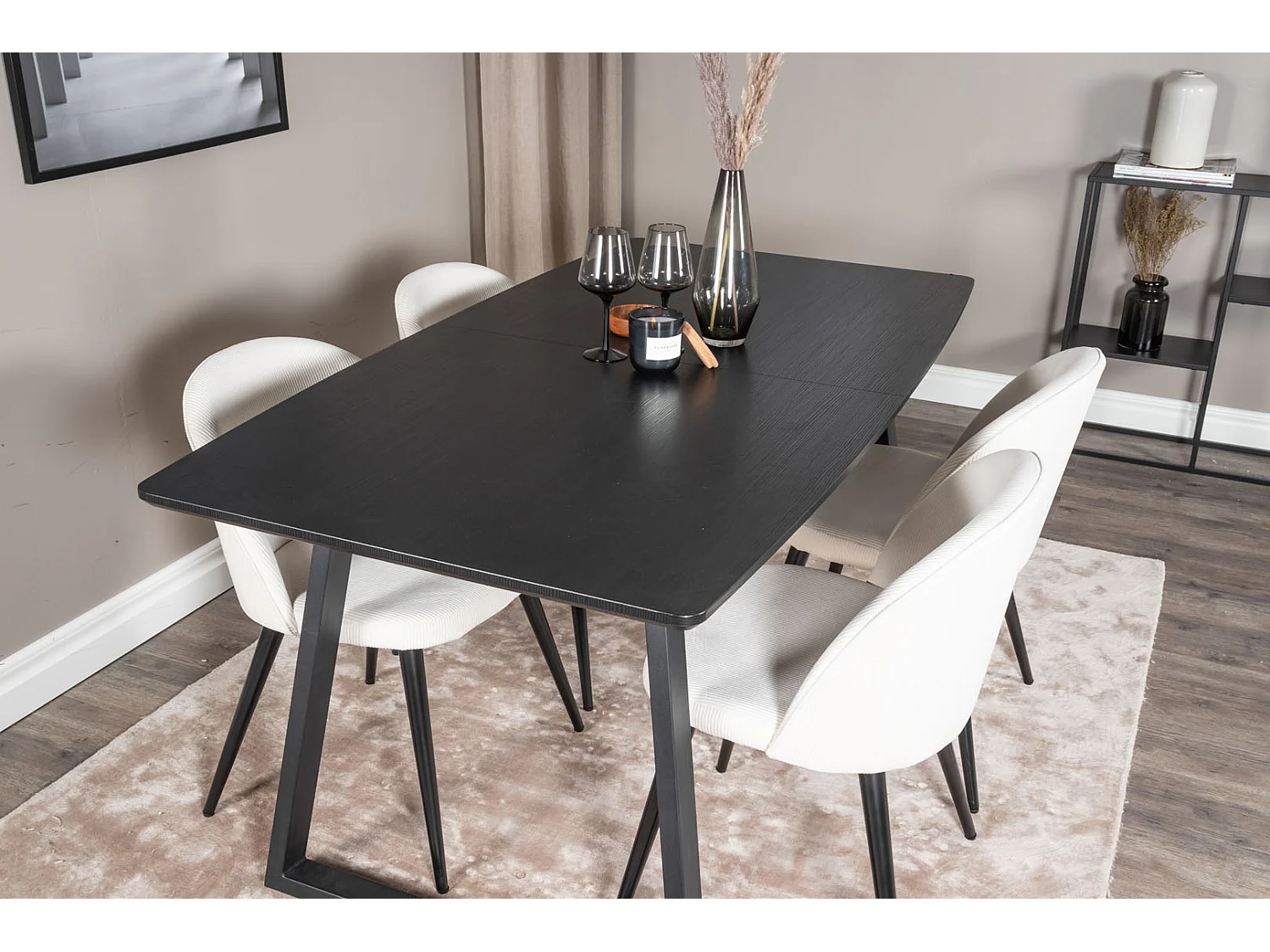 IncaBLBL ensemble table, table extensible longueur cm160 / 200 noir et 4 Velvet chaises Velours côtelé beige, noir.