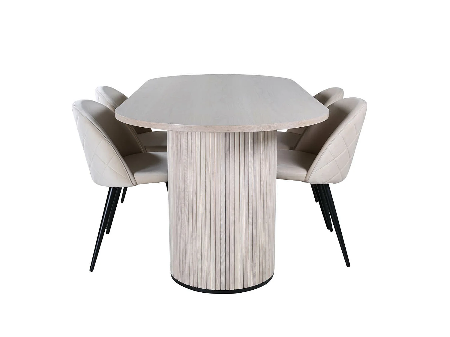 BiancaWW ensemble table, table chêne plaqué blanc washed et 4 Velvet Stitches chaises Velours beige.
