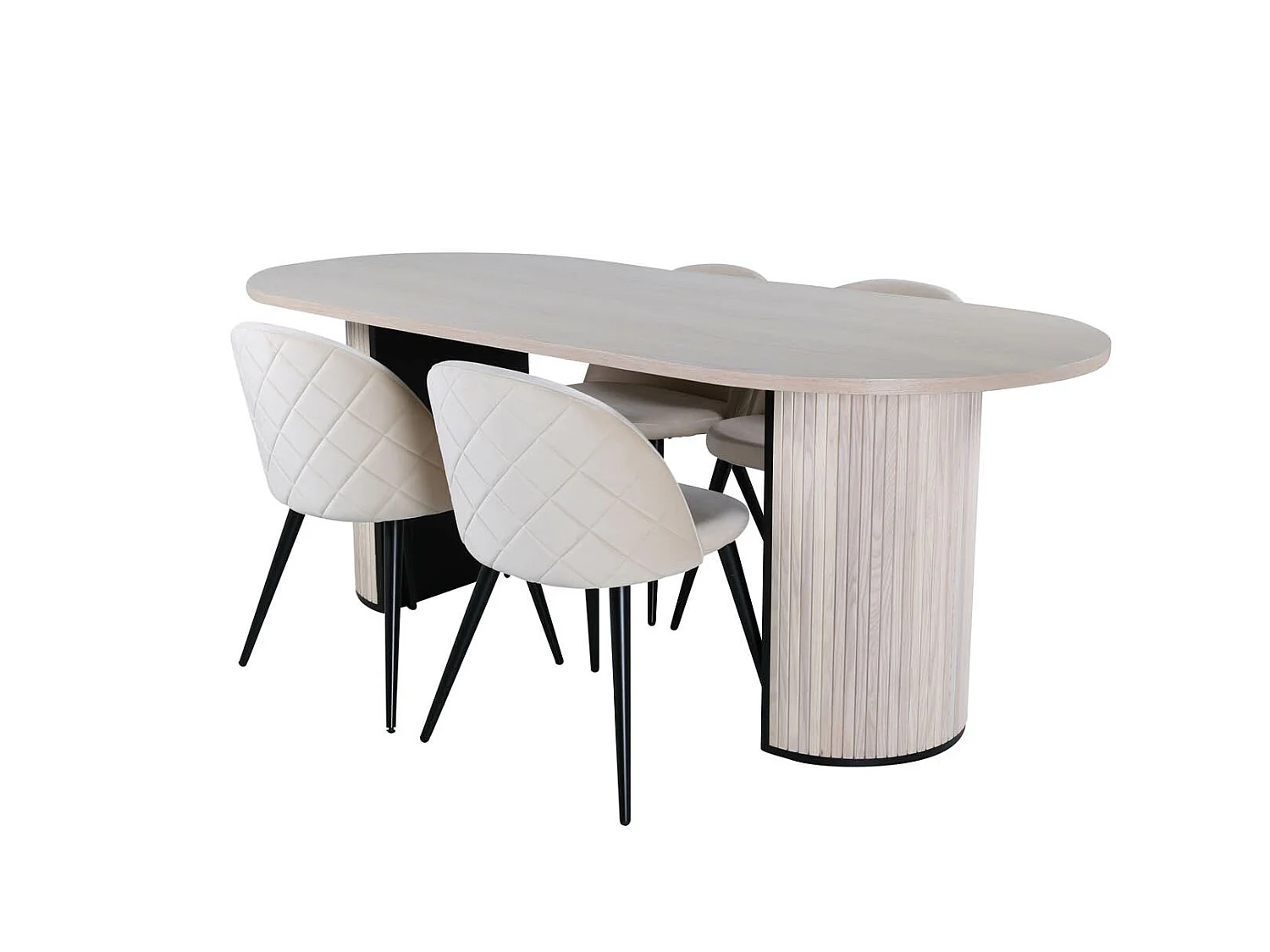BiancaWW ensemble table, table chêne plaqué blanc washed et 4 Velvet Stitches chaises Velours beige.
