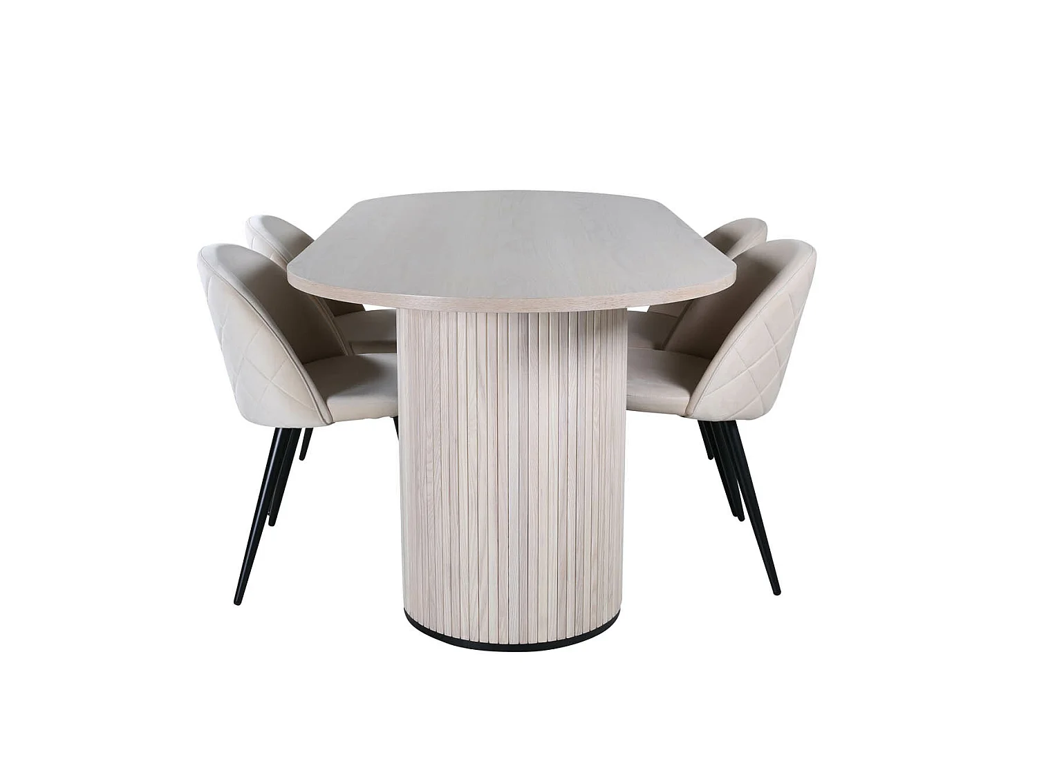 BiancaWW ensemble table, table chêne plaqué blanc washed et 4 Velvet Stitches chaises Velours beige.