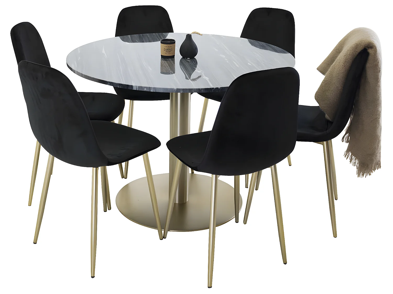 EstelleØ106BLBR ensemble table, table noir, marbre et 6 Polar chaises Velours noir, laiton décor.
