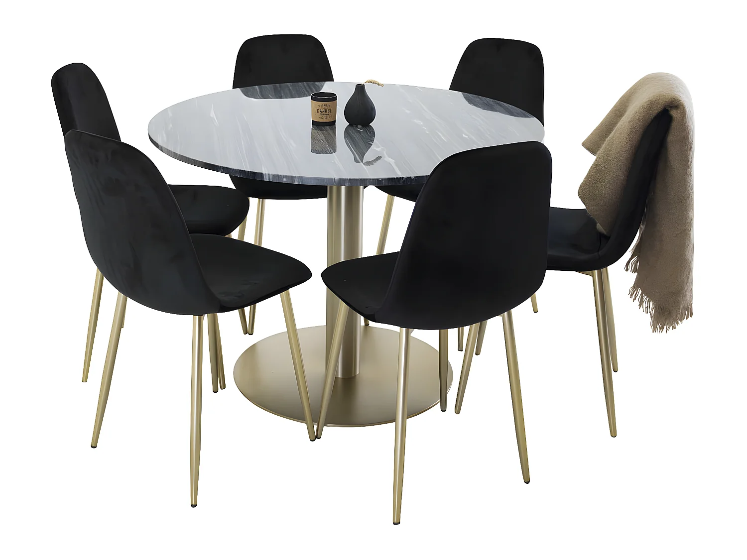 EstelleØ106BLBR ensemble table, table noir, marbre et 6 Polar chaises Velours noir, laiton décor.