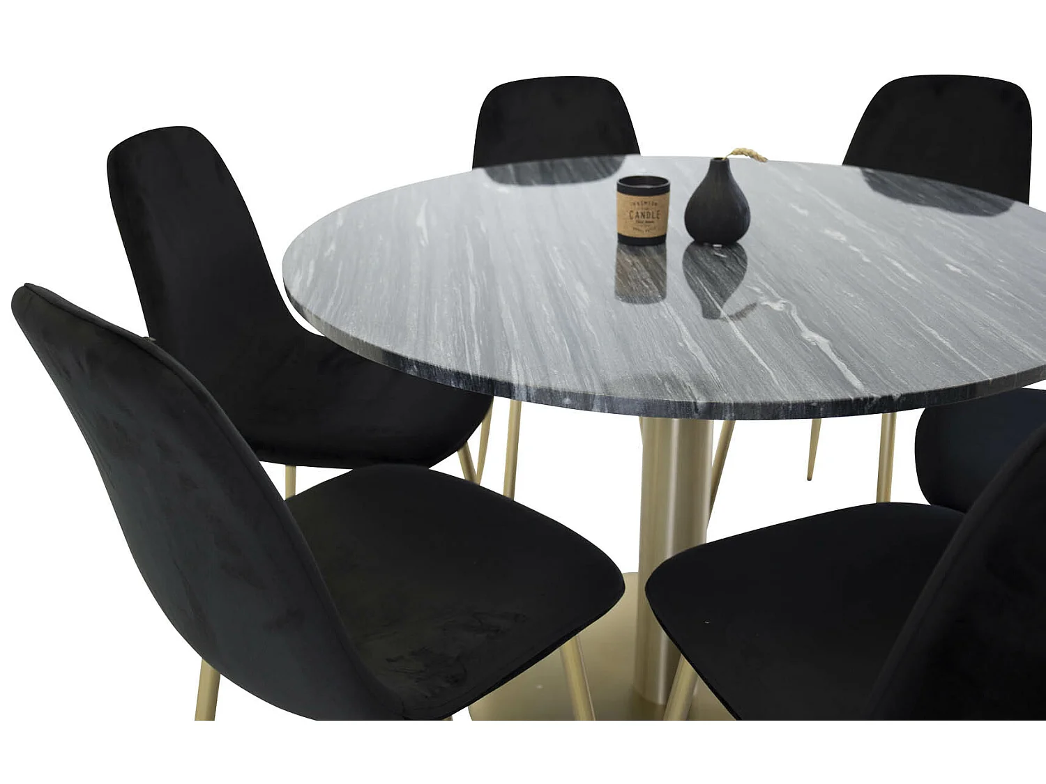 EstelleØ106BLBR ensemble table, table noir, marbre et 6 Polar chaises Velours noir, laiton décor.