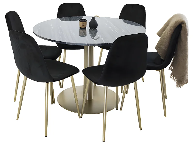 EstelleØ106BLBR ensemble table, table noir, marbre et 6 Polar chaises Velours noir, laiton décor.