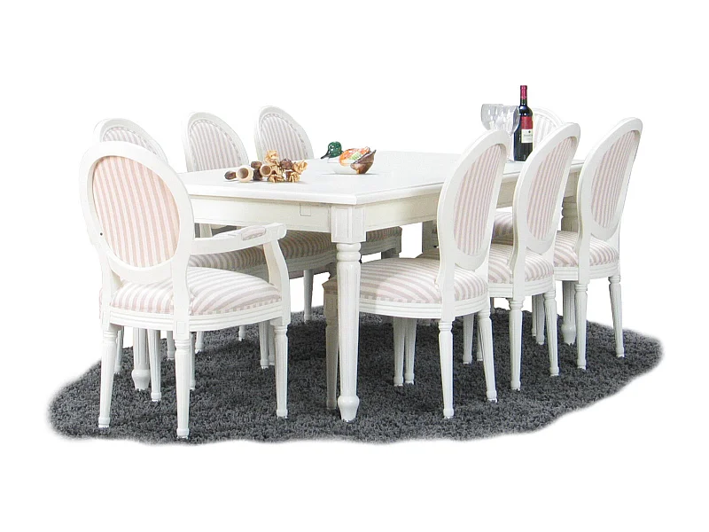 Amaretta Essgruppe 100x180/280 einsch. 2 Zusatzplatten antik weiß mit 2+6 Rokoko Stühlen antik weiss/beige.