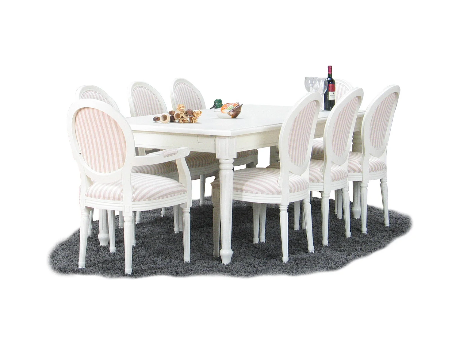 Amaretta Ensemble de salle à manger 100x180/280, 2 extensions inclues, vieux blanc avec 2+6 chaises rococo vieux blanc/beige.