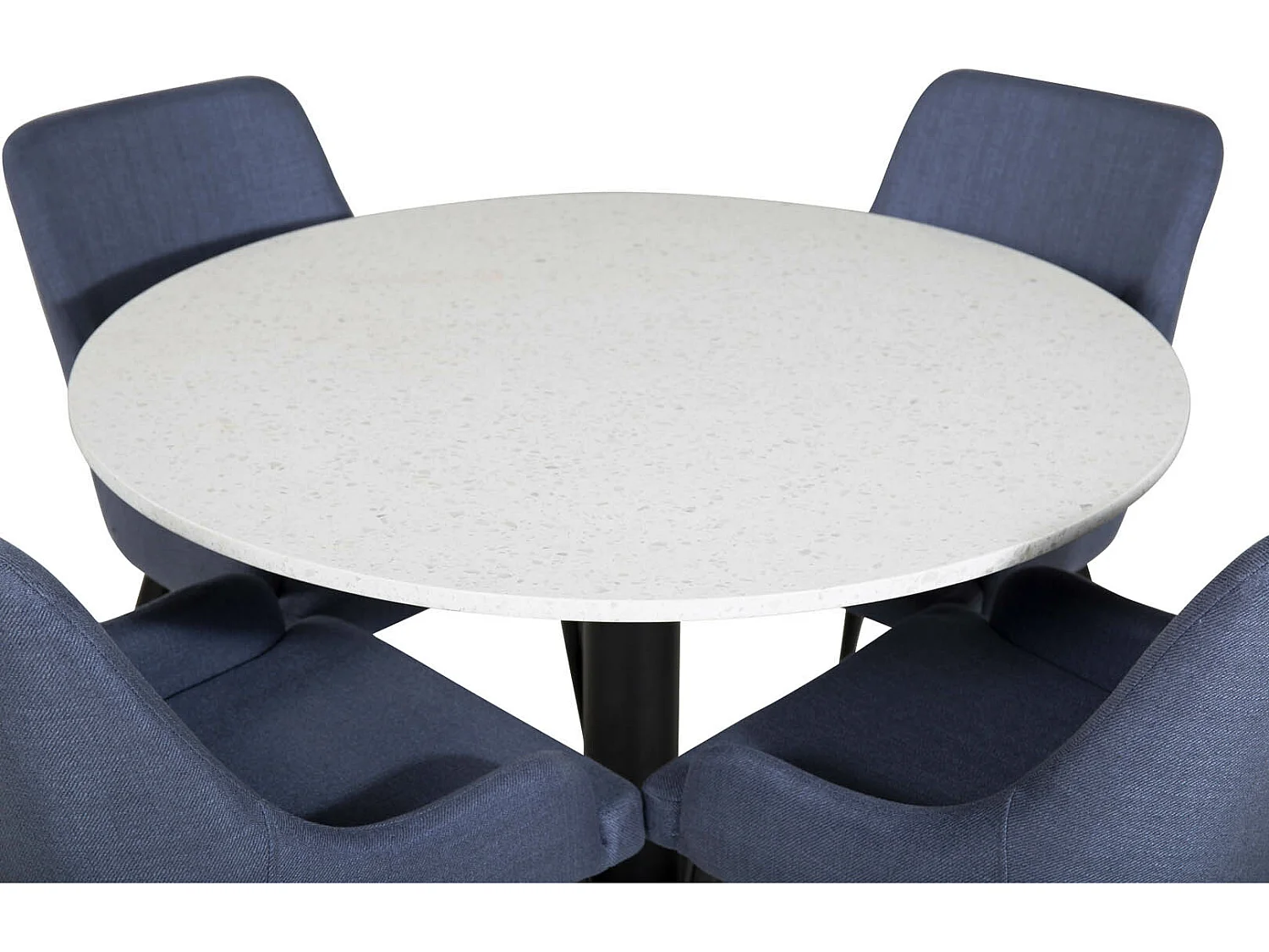 RazziaWH eethoek eetkamertafel terazzo wit en 4 Plaza eetkamerstal blauw, zwart.