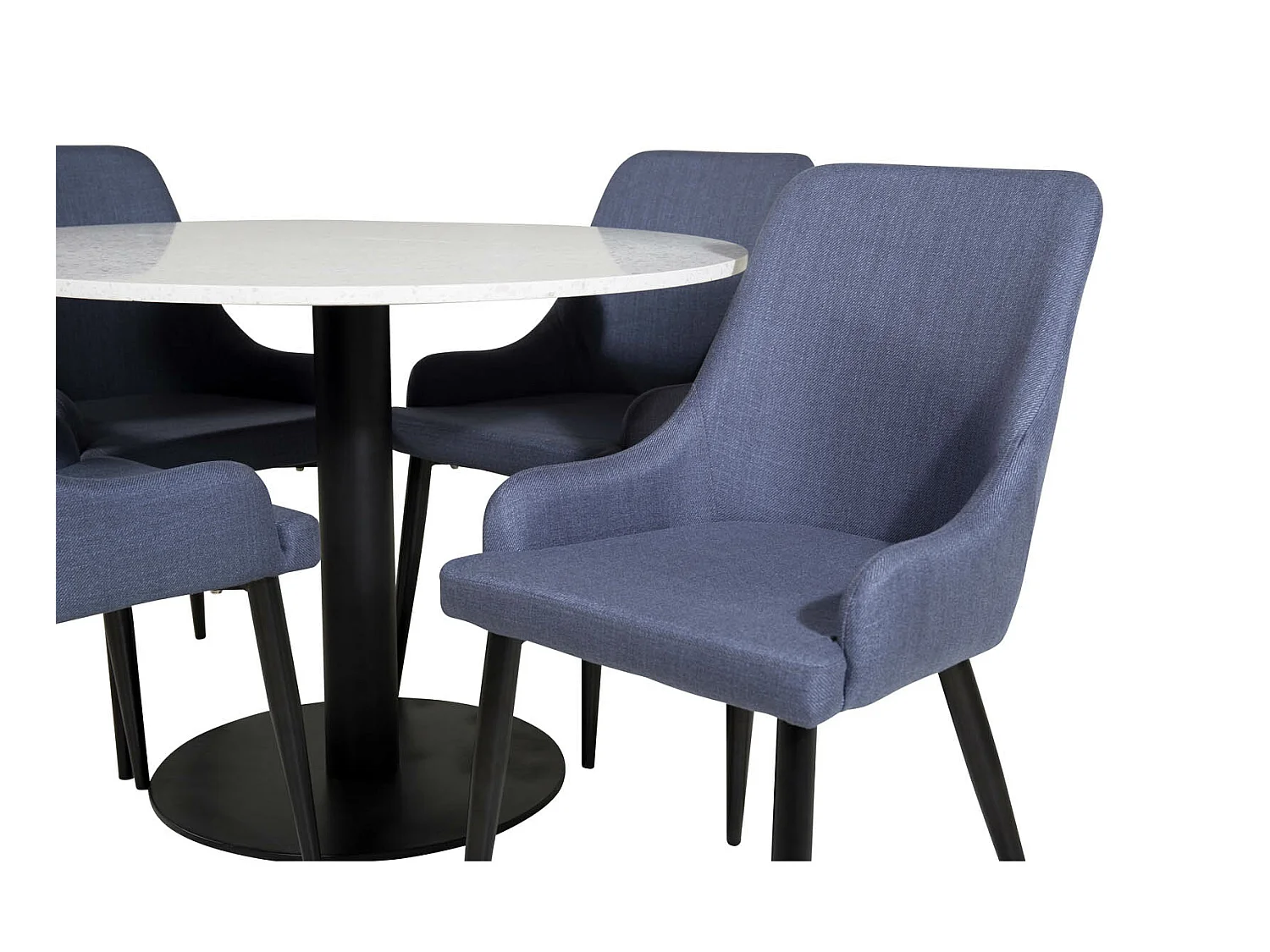 RazziaWH eethoek eetkamertafel terazzo wit en 4 Plaza eetkamerstal blauw, zwart.