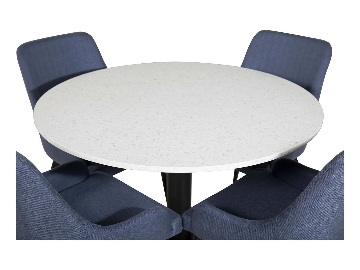 RazziaWH eethoek eetkamertafel terazzo wit en 4 Plaza eetkamerstal blauw, zwart.