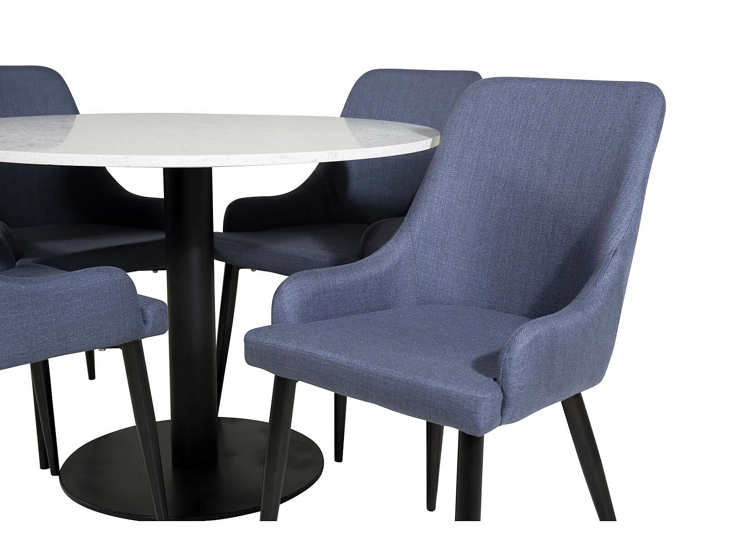 RazziaWH eethoek eetkamertafel terazzo wit en 4 Plaza eetkamerstal blauw, zwart.