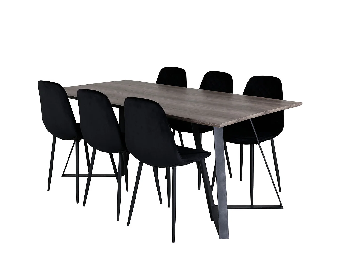 MarinaGRBL Essgruppe Esstisch El Holz dekor grau und 6 Polar Diamond Esszimmerstühle Velour schwarz.