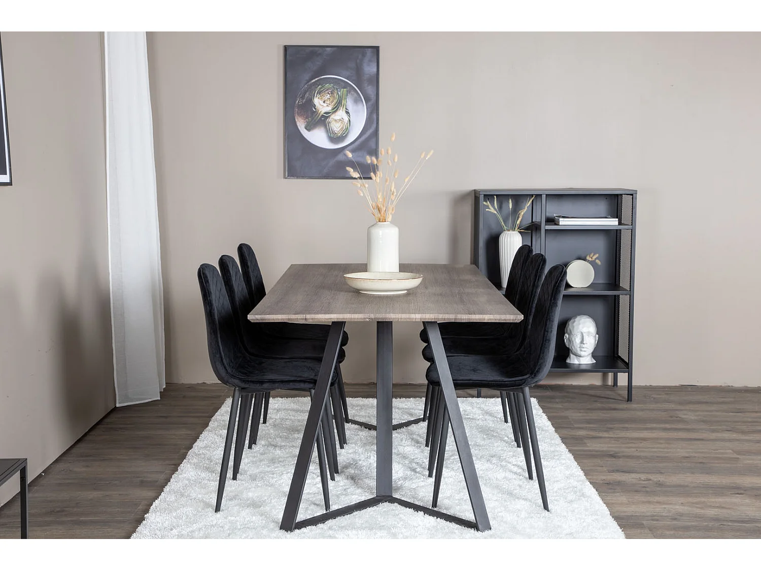 MarinaGRBL Essgruppe Esstisch El Holz dekor grau und 6 Polar Diamond Esszimmerstühle Velour schwarz.