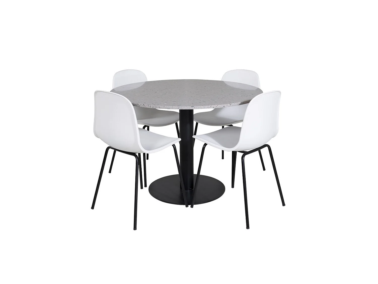 RazziaGR eethoek eetkamertafel terazzo grijs en 4 Arctic eetkamerstal wit, zwart.