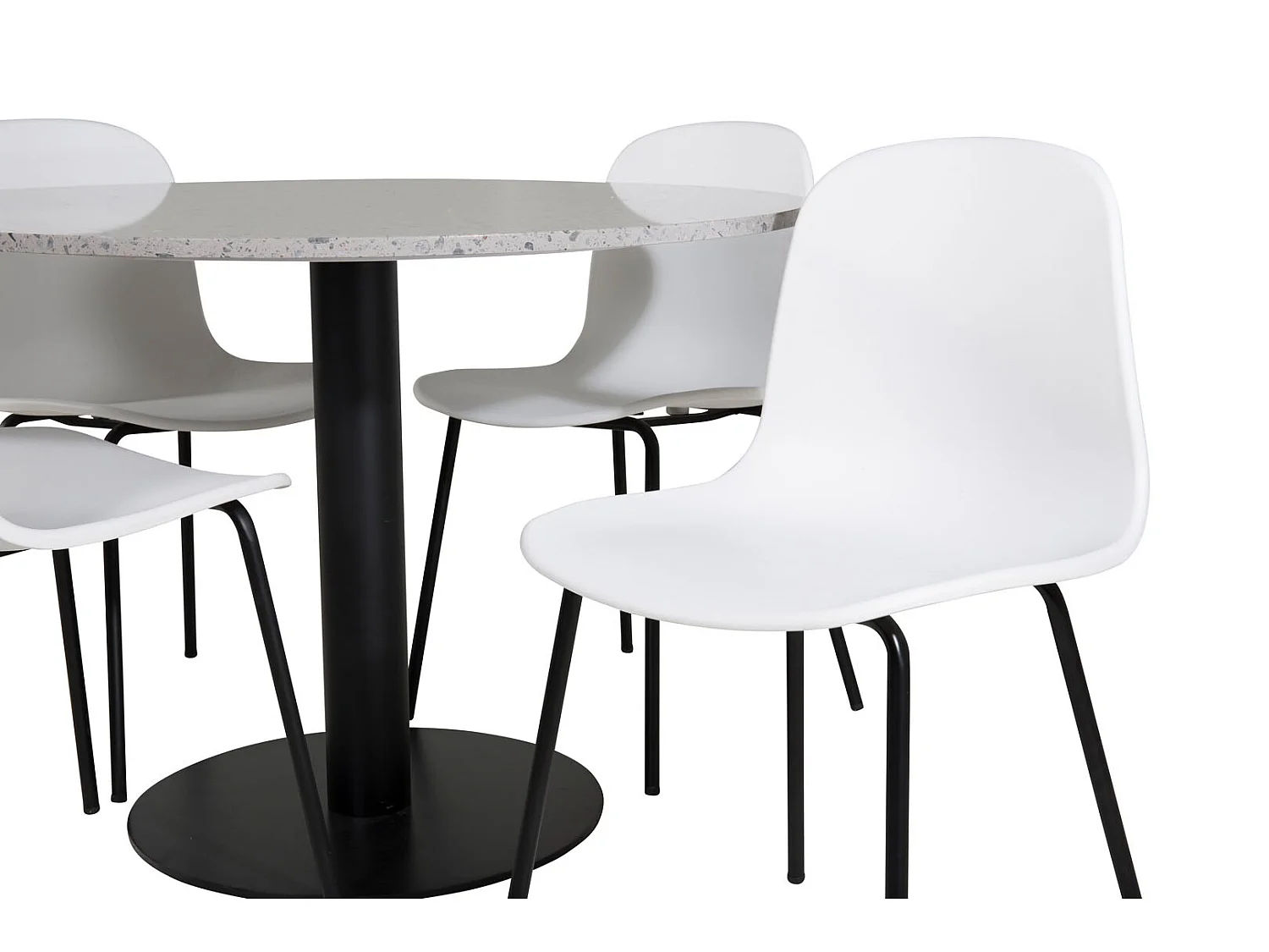 RazziaGR eethoek eetkamertafel terazzo grijs en 4 Arctic eetkamerstal wit, zwart.