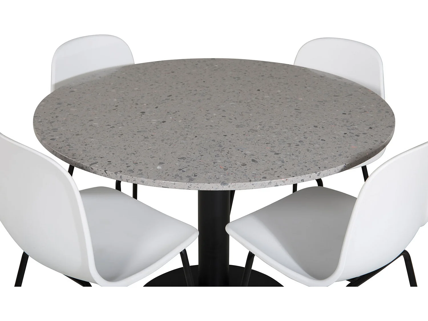 RazziaGR eethoek eetkamertafel terazzo grijs en 4 Arctic eetkamerstal wit, zwart.