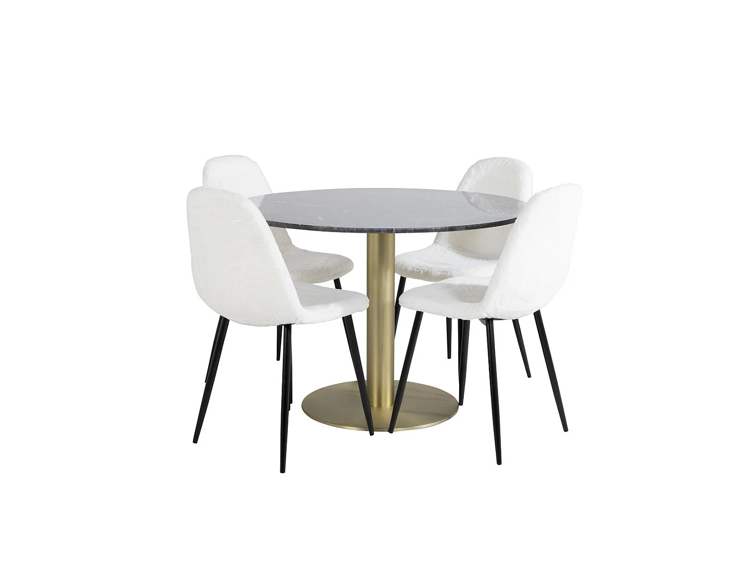 EstelleØ106BLBR eethoek eetkamertafel zwart, marmer en 4 Polar Fluff eetkamerstal Teddy wit.