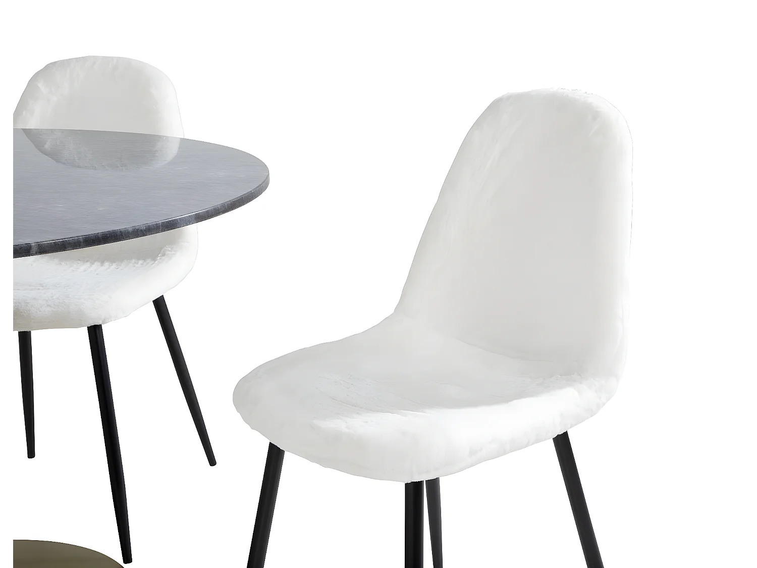 EstelleØ106BLBR eethoek eetkamertafel zwart, marmer en 4 Polar Fluff eetkamerstal Teddy wit.