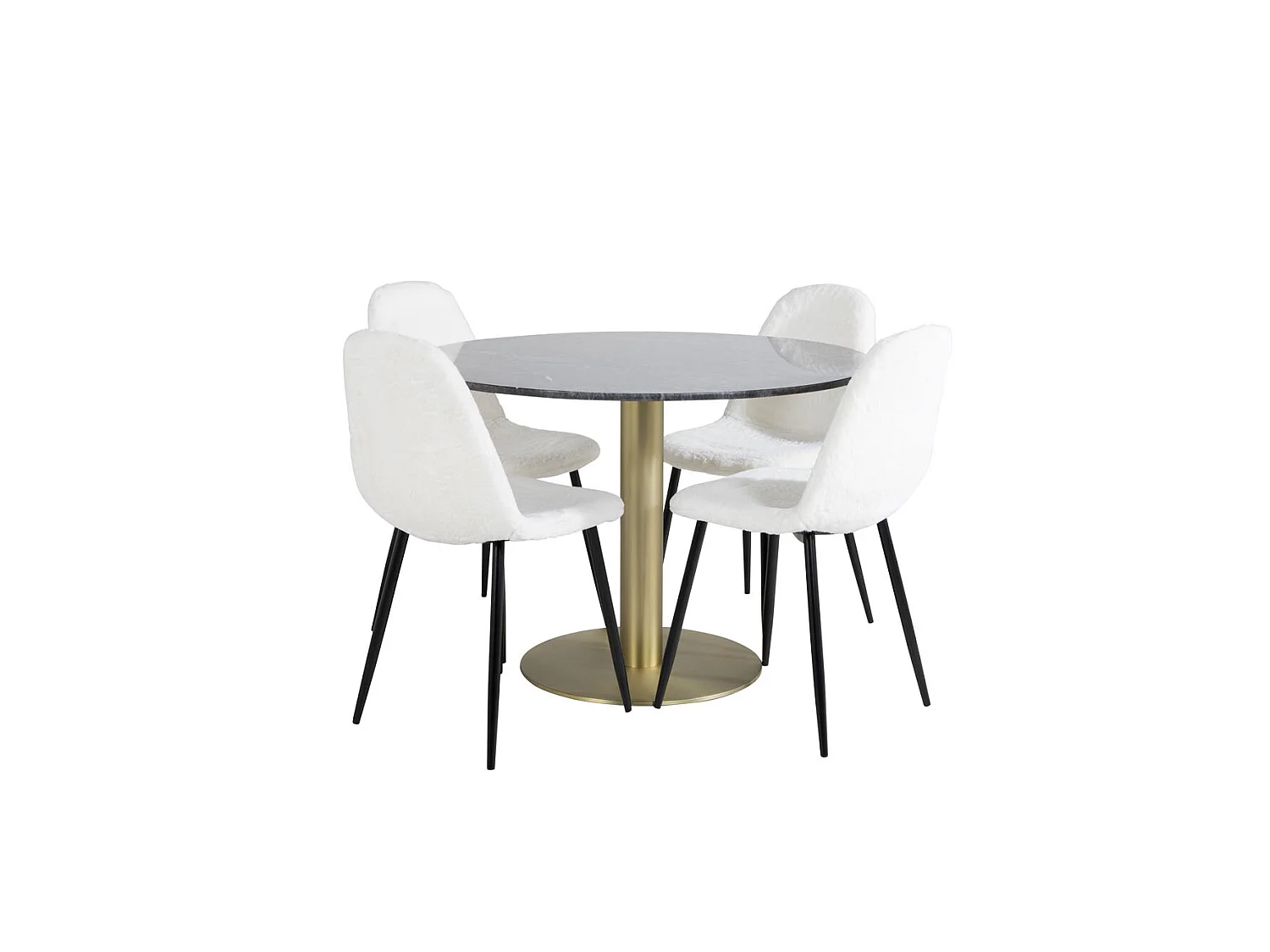 EstelleØ106BLBR ensemble table, table noir, marbre et 4 Polar Fluff chaises Teddy blanc.