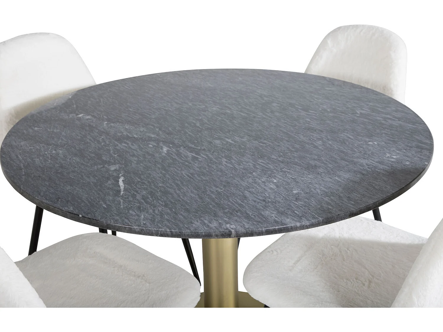 EstelleØ106BLBR ensemble table, table noir, marbre et 4 Polar Fluff chaises Teddy blanc.