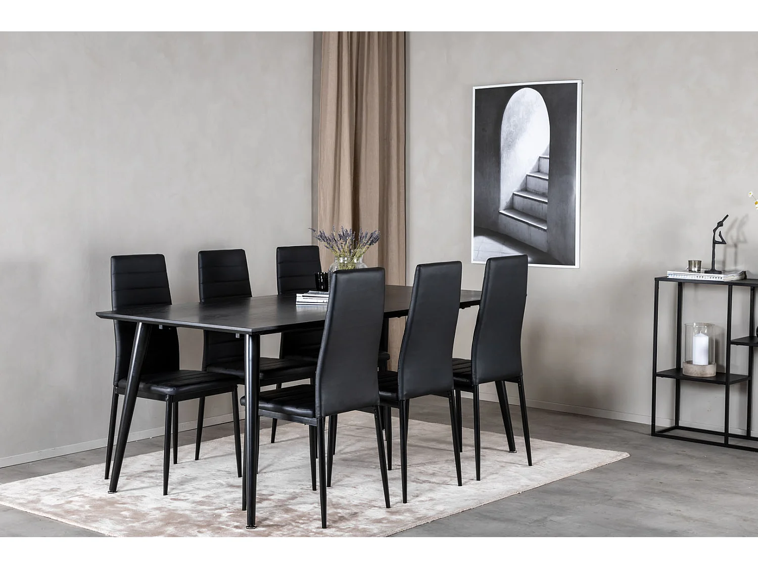 Dipp180x90BLBL ensemble table, table noir et 6 Slim High Back chaises Similicuir PU noir.