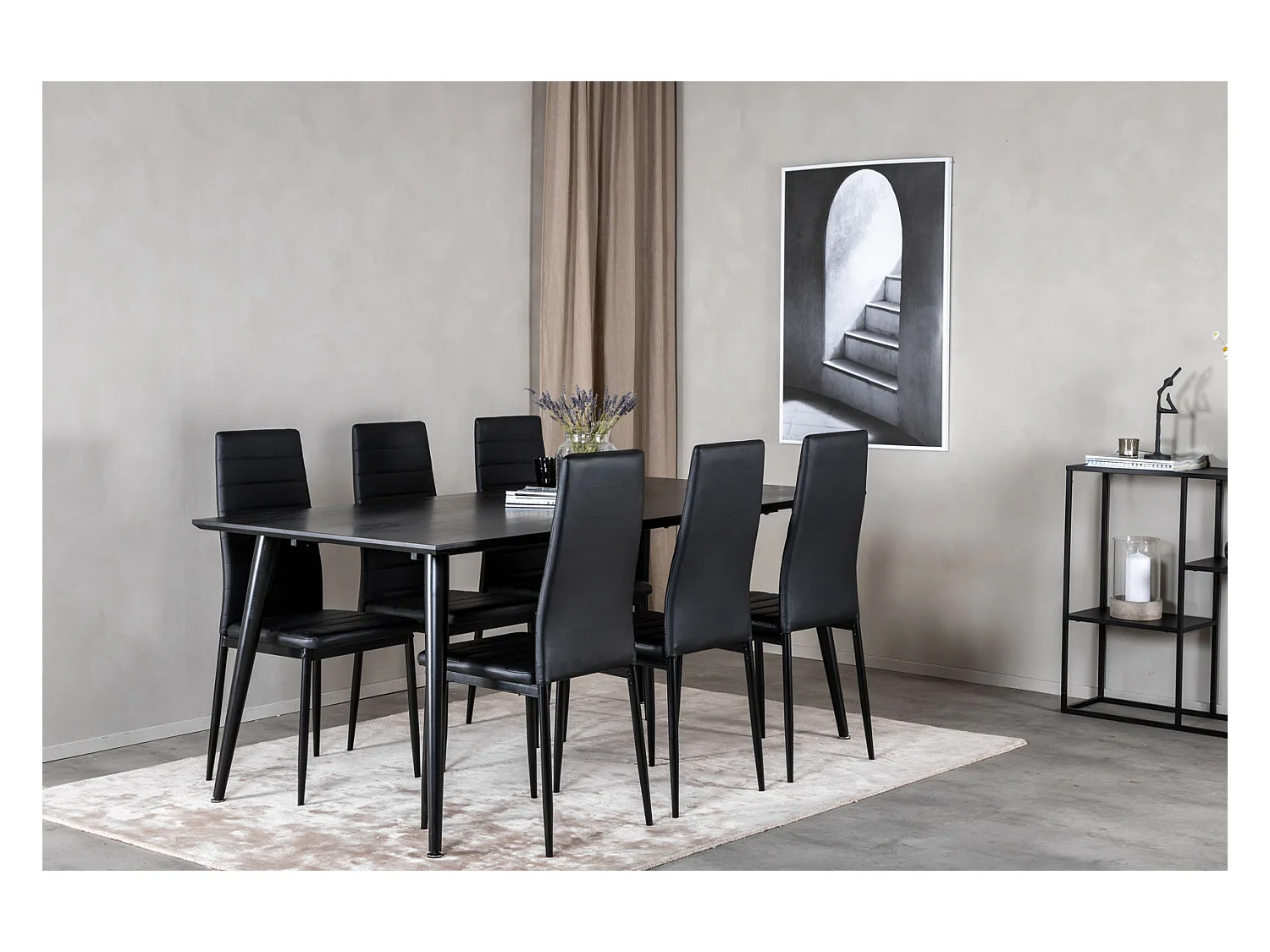 Dipp180x90BLBL eethoek eetkamertafel zwart en 6 Slim High Back eetkamerstal PU kunstleer zwart.