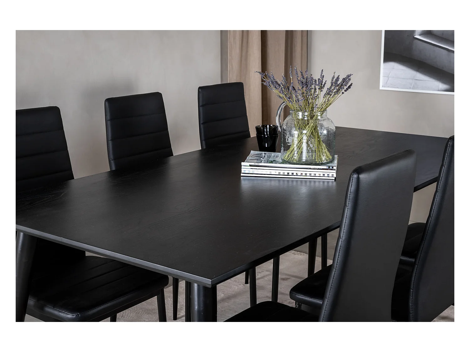 Dipp180x90BLBL eethoek eetkamertafel zwart en 6 Slim High Back eetkamerstal PU kunstleer zwart.