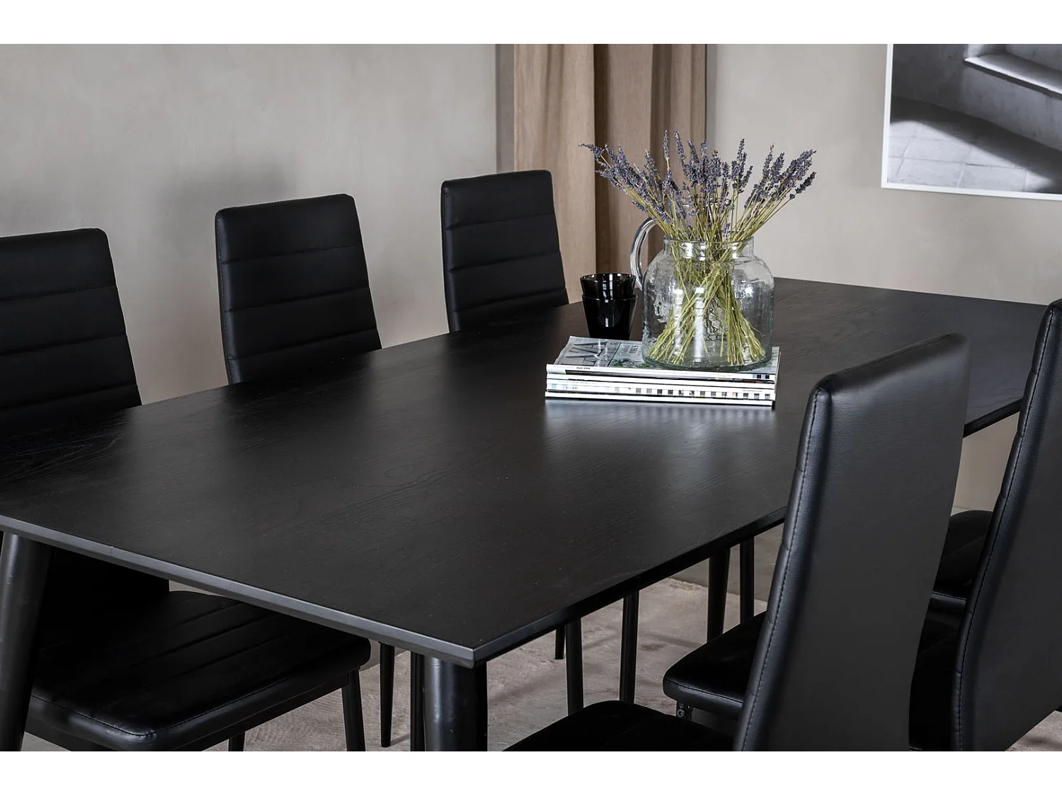 Dipp180x90BLBL eethoek eetkamertafel zwart en 6 Slim High Back eetkamerstal PU kunstleer zwart.