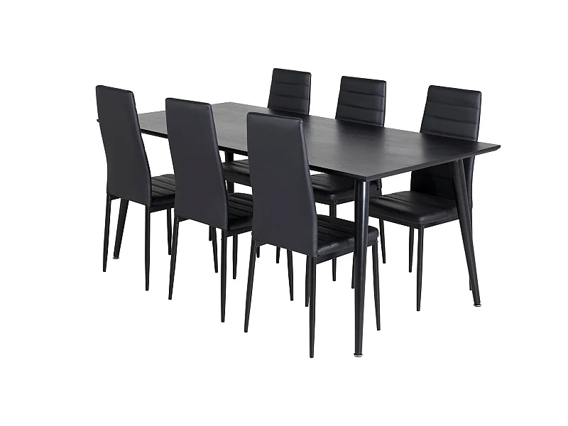 Dipp180x90BLBL Essgruppe Esstisch schwarz und 6 Slim High Back Esszimmerstühle PU Kunstleder schwarz.