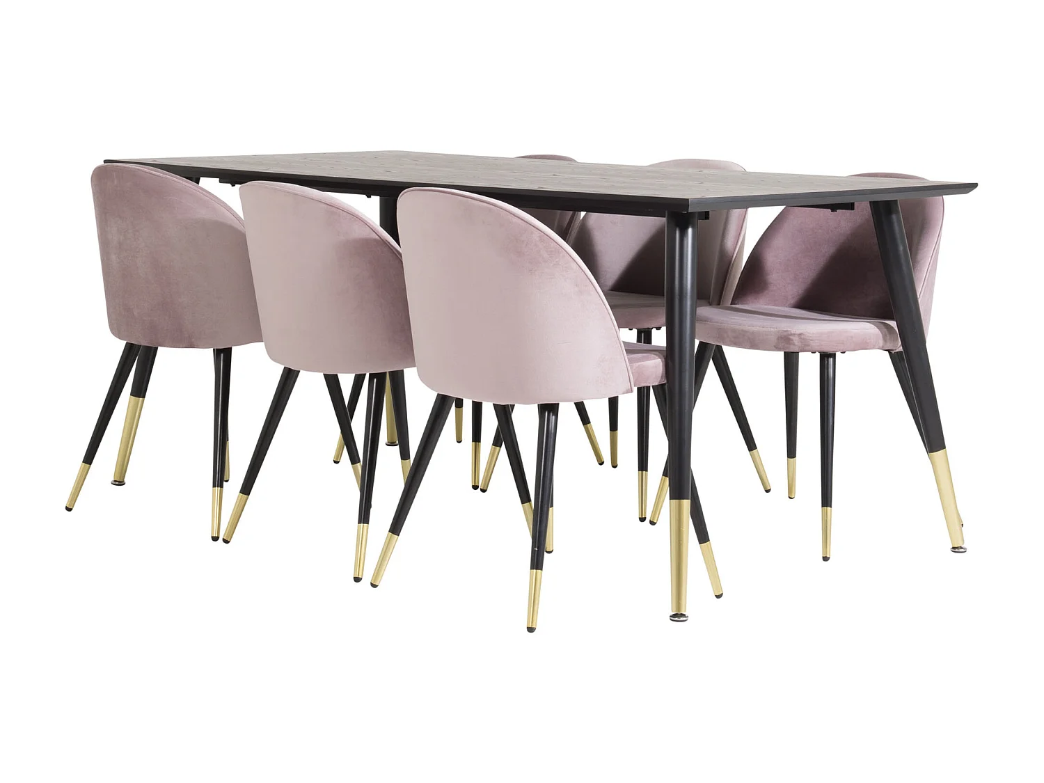 Dipp180x90BLBR ensemble table, table noir et 6 Velvet chaises Velours rose, noir, laiton décor.