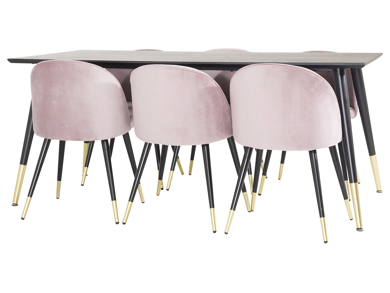 Dipp180x90BLBR Essgruppe Esstisch schwarz und 6 Velvet Esszimmerstühle Velour pink, schwarz, Messing dekor.